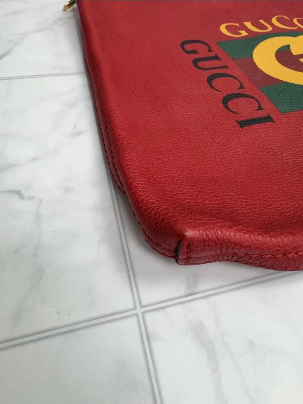 Gucci Red Leather Pouch with Green and Yellow Logo